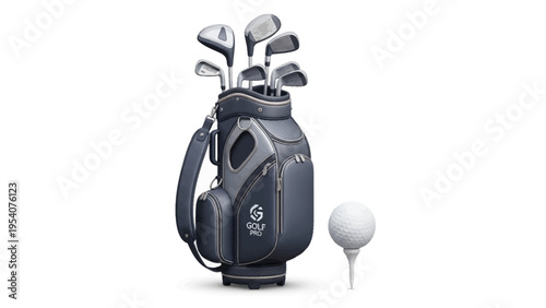 Golf bag with clubs and ball on a tee