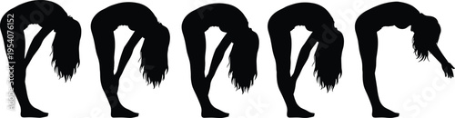 Women Silhouette Set Doing Stretching Exercises Featuring Girl Bending Forward for Yoga Fitness Workout Health and Wellness Gymnastics Training Isolated on White Background Vector Illustration
