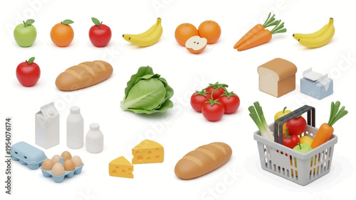 Colorful plastic food items and shopping basket