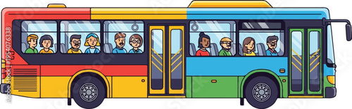 A colorful public transit bus filled with diverse passengers traveling through a city landscape