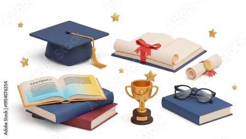 Graduation cap and diploma with academic achievement symbols