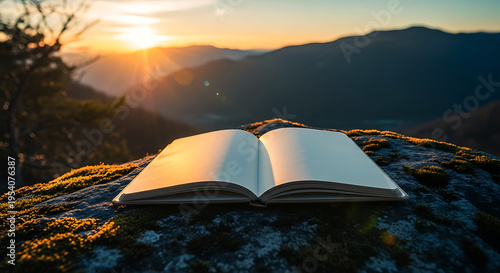 Open blank book resting on mossy rock at golden hour sunset over mountains open book