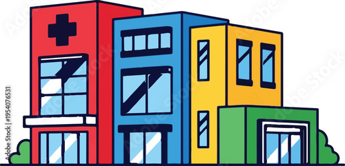 Colorful cartoon illustration of a modern hospital building with a cross symbol on the facade