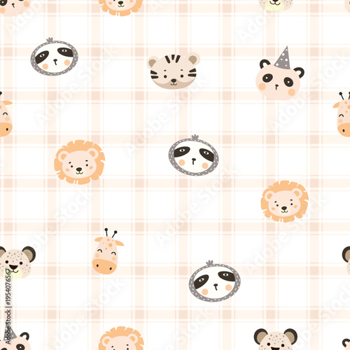 kids seamless pattern, cute forest animal lion tiger bear seamless pattern, paper, textile, fabric, packaging - vector illustration, childish, baby, check background
