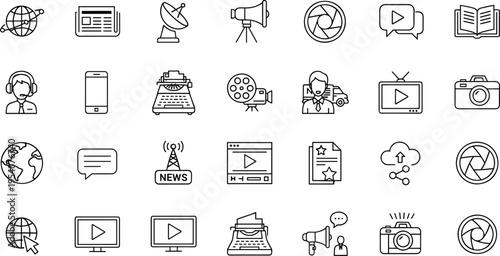 News broadcasting and multimedia communication vector icon collection featuring television cameras microphones satellite dishes and digital media symbols.