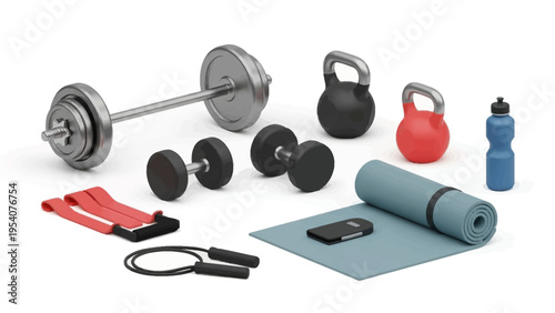 Various workout equipment for home exercise routine displayed
