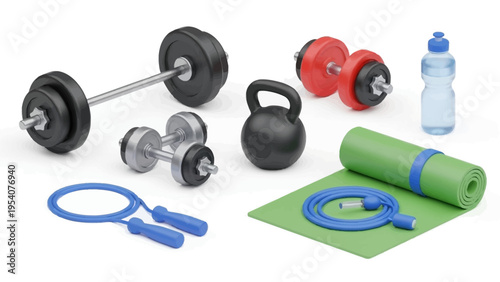 Various fitness equipment for a home workout routine