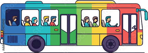 A colorful rainbow colored bus filled with diverse passengers traveling along a city street path