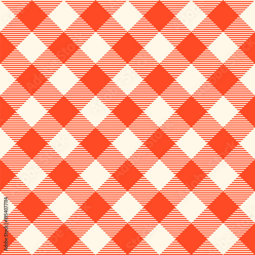 Red and warm offwhite vector diagonal buffalo check seamless pattern for fabric designs for kitchen, bbq and restaurant products, menu backgrounds, vintage tablecloth textiles
