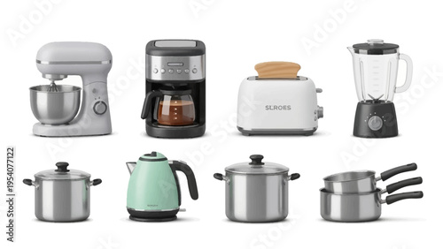 Kitchen appliances including mixer, coffee maker, toaster, and pots