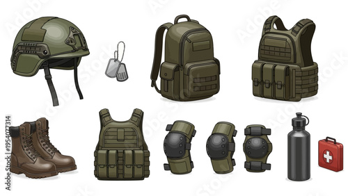 Military tactical gear and equipment illustration set