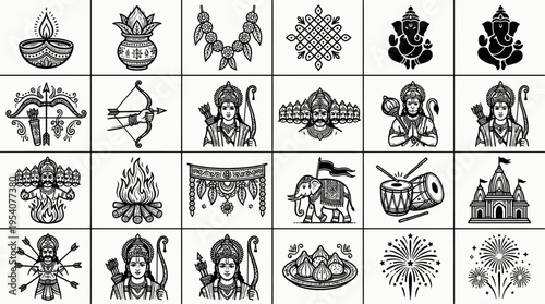 Intricate black and white vector illustrations depicting diverse Hindu deities, traditional Indian cultural symbols, and elements of religious festivals and ceremonies