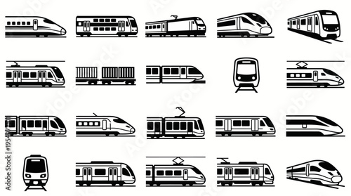 Vector icons of diverse rail transport types, from high-speed to freight trains, in black and white. Ideal for modern travel, logistics, and railway system design concepts