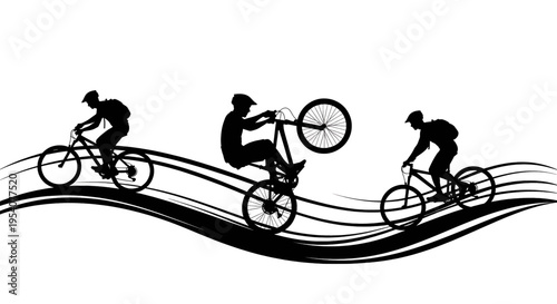 Black silhouette illustration of three mountain bikers riding on stylized abstract wavy terrain