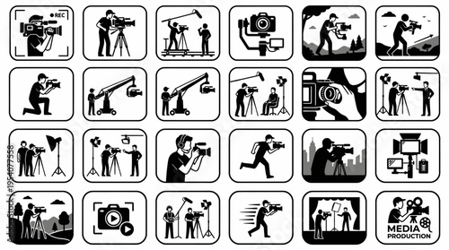 Diverse icon set detailing essential elements of video production, filmmaking, and media recording, capturing various camera operations, crew roles, and studio scenarios