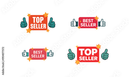 Top seller and best seller badges with thumbs up icons isolated on white background for marketing promotion concept
