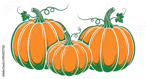 Three vibrant orange pumpkins with green stems and swirling vines for fall harvest celebrations