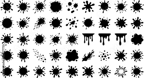 Black paint blots collection featuring cartoon-style paint splatters and ink splashes isolated on a white background. Includes grunge stains, drips, and abstract shapes. Perfect for posters, street ar
