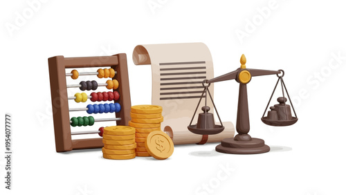 Abacus, coins, and balance scale for financial calculations