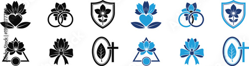 Collection of heraldic crests and coats of arms with fleur de lis and bow designs