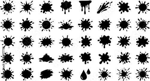 Black paint blots collection featuring cartoon-style paint splatters and ink splashes isolated on a white background. Includes grunge stains, drips, and abstract shapes. Perfect for posters, street ar