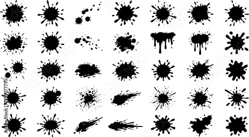 Black paint blots collection featuring cartoon-style paint splatters and ink splashes isolated on a white background. Includes grunge stains, drips, and abstract shapes. Perfect for posters, street ar