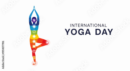 Stylized human figure in tree pose for International Yoga Day. Body filled with chakra colors, promoting balance and spiritual well being, ideal for International Yoga Day events.