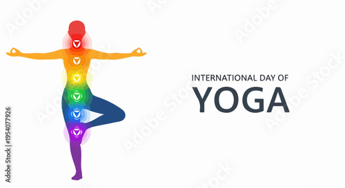 Yoga pose silhouette with rainbow chakras for International Yoga Day. Meditative practice, seven energy points symbolizing spiritual balance during International Yoga Day.