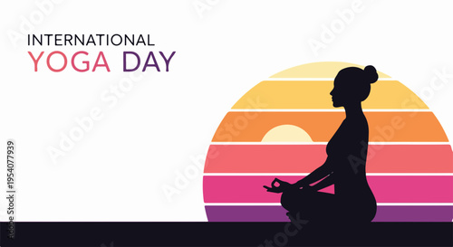 Minimalist illustration International Yoga Day, showing tranquil woman meditating lotus pose. International Yoga Day design features peaceful silhouette, vibrant striped sunset.