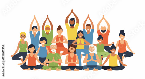 Diverse people in mindful yoga practice, showing tree and lotus poses. Multigenerational adults enjoy healthy yoga practice, promoting balance. Wellness concept for studios,