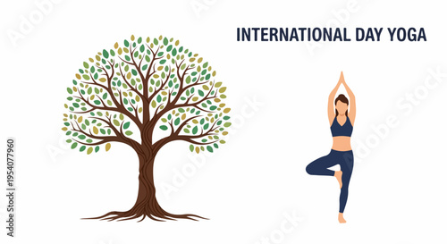 Woman performing tree pose next to stylized green foliage tree illustration for International Yoga Day. International Yoga Day celebrates mindfulness, promoting balance, harmony,