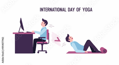 Office yoga for correcting poor sitting posture. Worker demonstrates effective office yoga, promoting spine health. Wellness concept, encouraging mindful office yoga breaks.