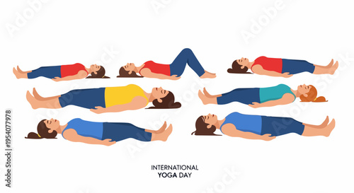 Illustration for International yoga day showing people in various lying poses, practicing different relaxation postures. Design for yoga day event banners, posters, and social media promotions.