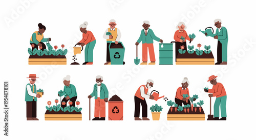 Diverse senior people engaged in senior gardening, cultivating plants, watering, using hand tools. Active senior gardening promotes healthy aging, community, and well-being.