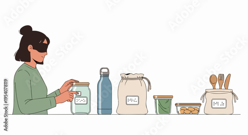 Woman with blindfold touching glass jar, embracing zero waste living. Zero waste lifestyle features reusable water bottle, cloth bags, and food containers.
