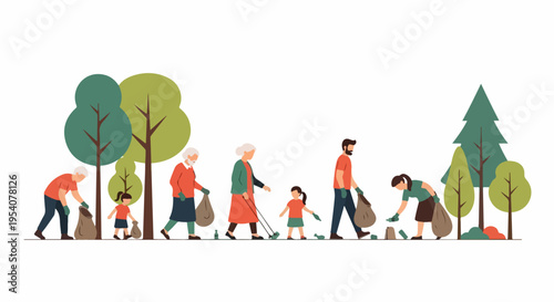 People participating in environmental cleanup, gathering trash and waste near green trees. Diverse group of volunteers actively engaging in environmental cleanup activity,