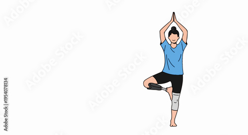 Person demonstrating yoga tree pose with knee brace, showcasing balance and physical rehabilitation. Yoga tree pose strengthens core, improves stability, promotes mindfulness.