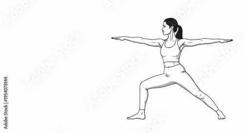 Woman demonstrating yoga pose on white background. Athletic person shows warrior II yoga pose, practicing balance and strength. Fitness training concept, ideal for exercise guide,