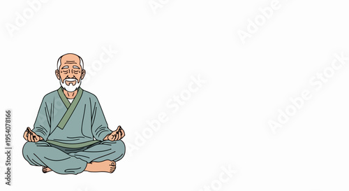 Elderly meditating man sits lotus pose in traditional green robe on white background. Senior meditating man seeks inner peace, mental clarity, spiritual well being.