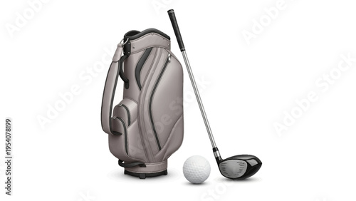 Golf bag with driver and ball on white background