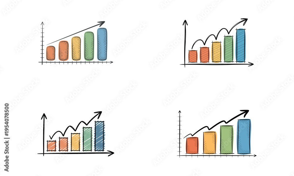 Obraz premium Colorful business growth charts with upward trend arrows isolated on white background for financial success concept 