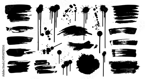Brushstrokes black grunge set with ink splatters and textured strokes on white background featuring brush marks, paint,