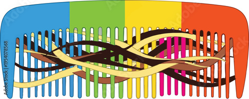 A colorful rainbow hair comb illustrated with tangled strands of brown and blonde wavy human hair