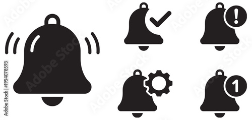 Notification bell icon set, alert, reminder, ringing alarm, message pack, vector illustration, mobile app UI, communication, notification, interface, alert symbols