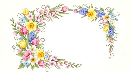 Watercolor floral border design with various spring flowers on white background
