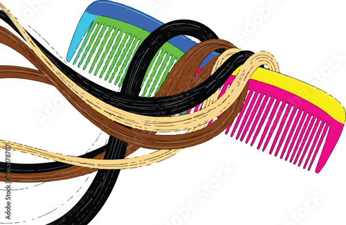 Colorful hair combs intertwined with strands of black, brown, and blonde hair on white background