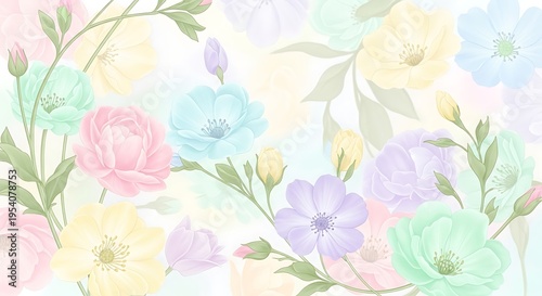 Watercolor floral background with pastel blooms and botanical elements