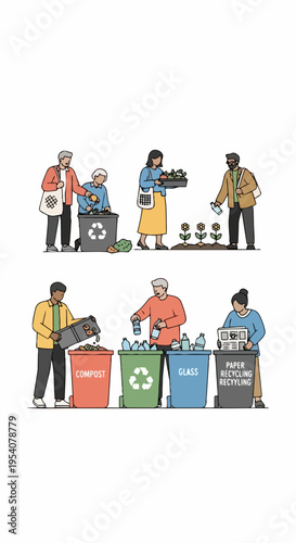 Adults perform waste sorting, placing items into labeled recycling bins. People demonstrate waste sorting, separating plastic, glass, paper, and compost.
