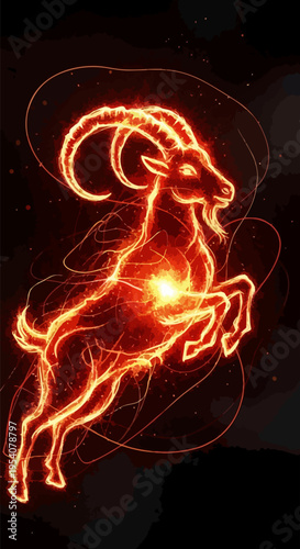 Fiery Capricorn symbol ignites dark background with vibrant orange and red glow. Energetic Capricorn symbol displays power and mystique through illuminated lines and starry core.