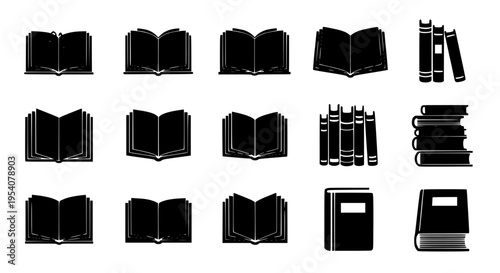 Books icon set with black silhouettes and white outlines on plain background featuring book, icons, graphic resources